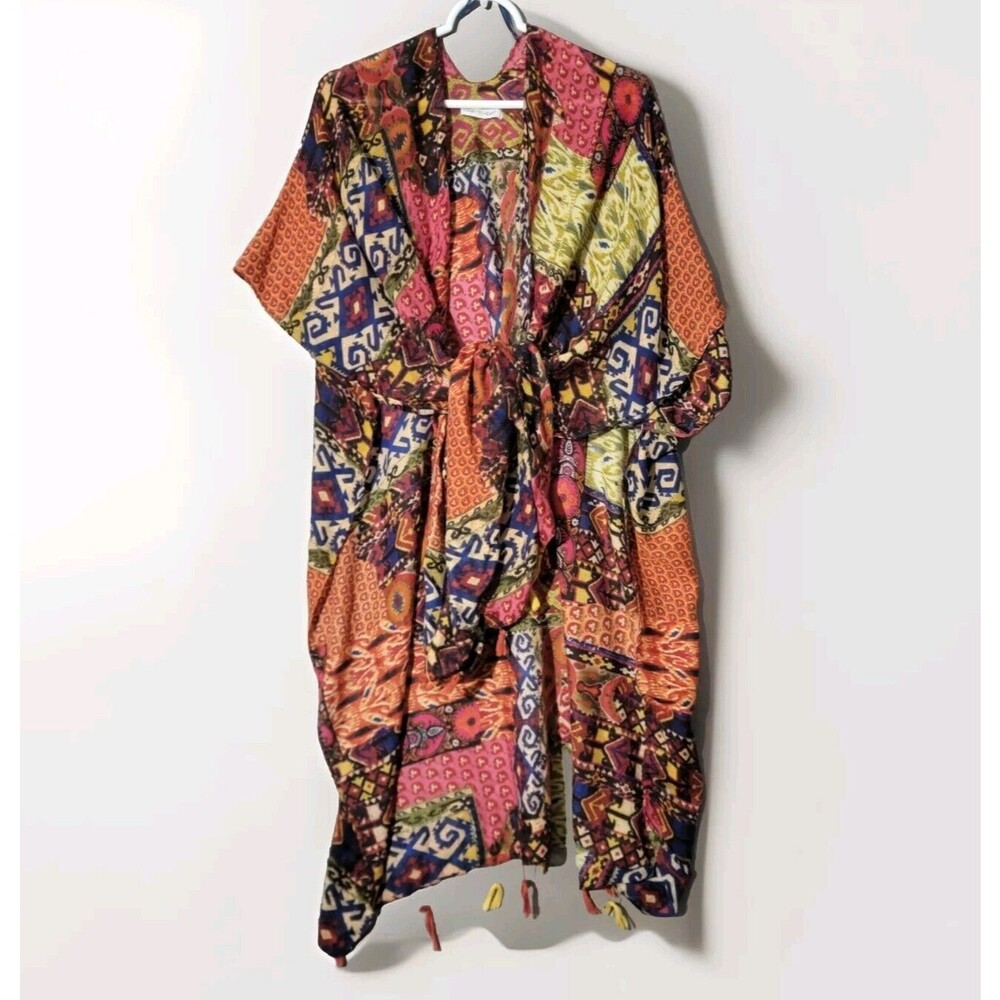 Woven Heart Patchwork Print Kimono Shawl Coverup Kaftan Robe Dress Colorful OS